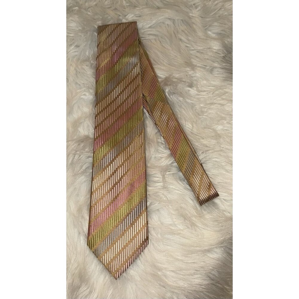 BCBG Attitude Silk Hand Sewn Gold Multicolor Striped Mens Necktie Tie
